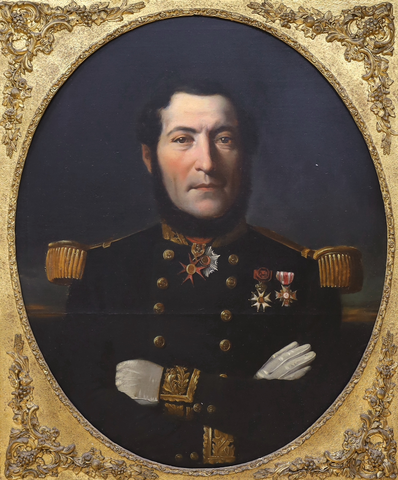 19th century French school, oil on canvas, Naval portrait of Vice Admiral Thomasett, housed in an oval ornate gilt frame, 71.5 x 58.5cm